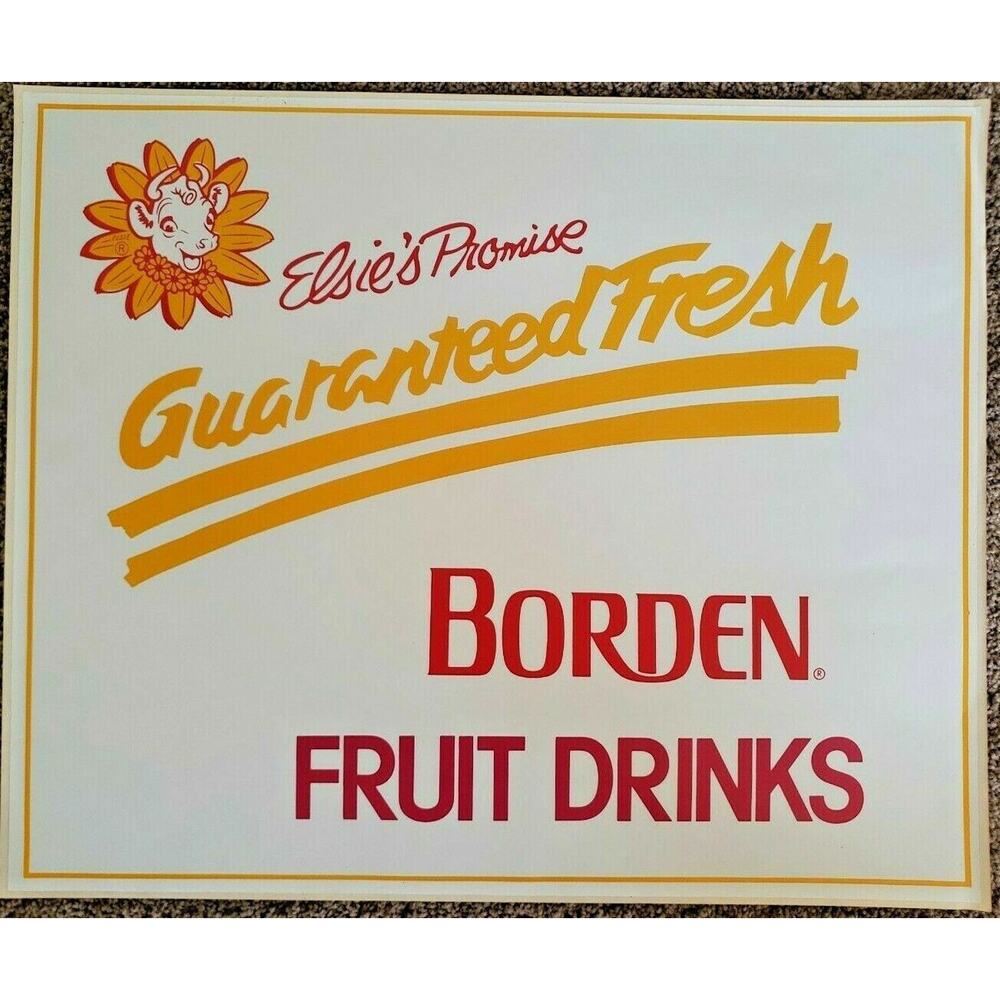 Vintage Original Borden‎ Fruit Drinks Sign Decal Display Elsie's Promise NOS WH